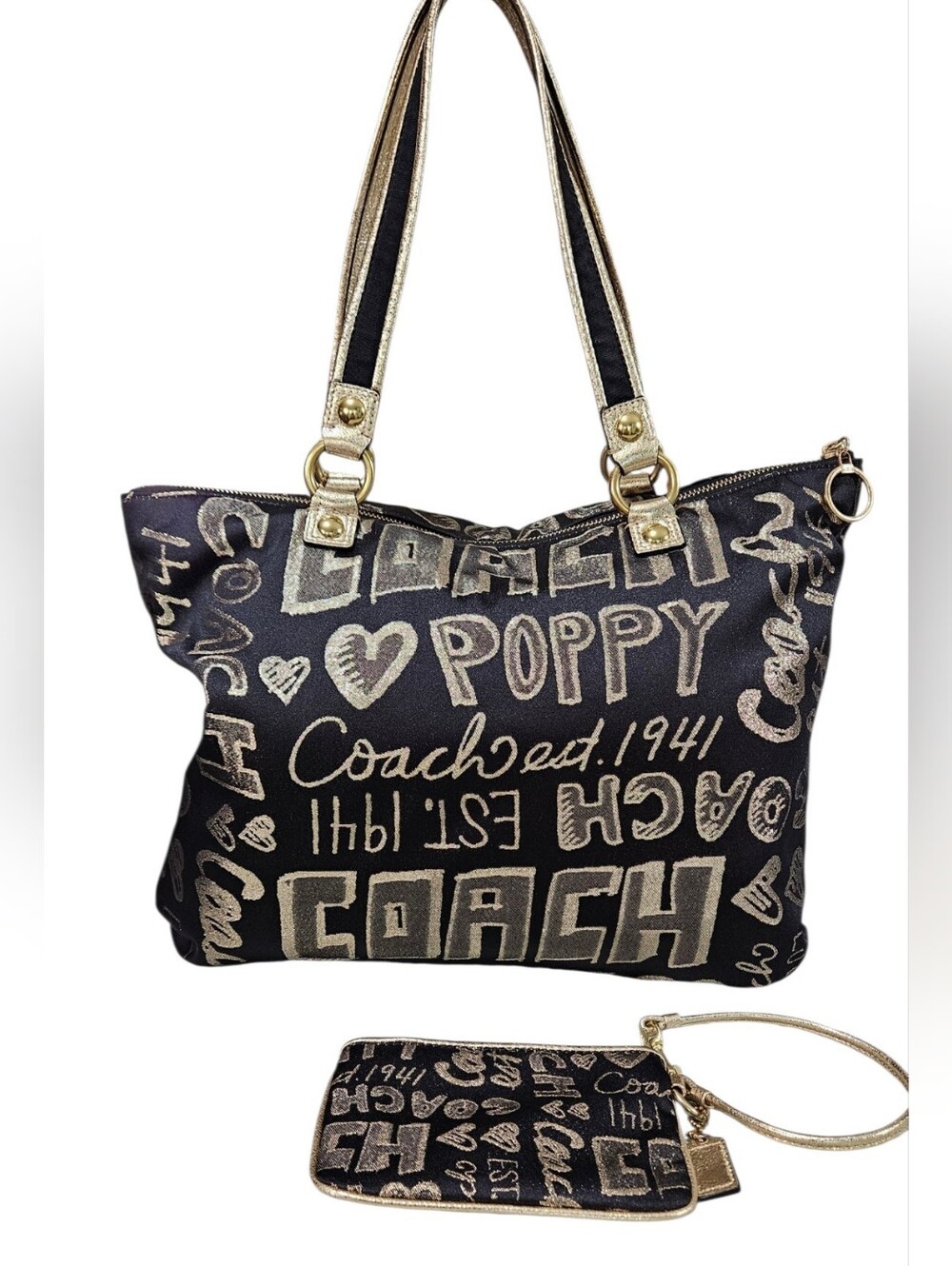 Coach Poppy Graffiti 2010 Black & Gold Storypatch Print Tote with Wristlet - Picture 10 of 16